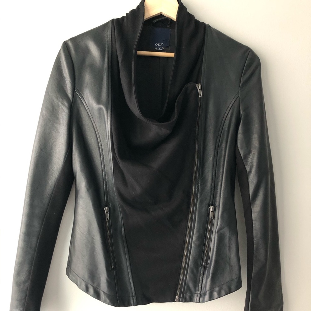 Faux Black Leather Jacket with waterfall neckline